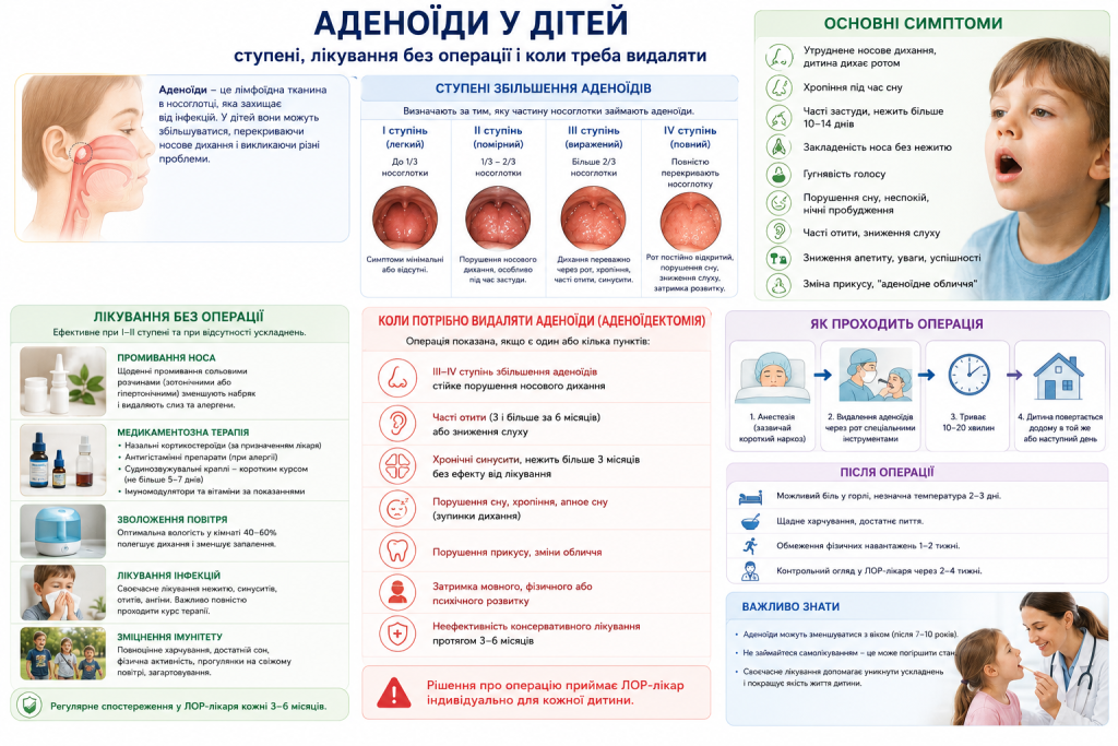 Інфографіка про аденоїди у дітей із симптомами, ступенями збільшення, консервативним лікуванням, показаннями до операції та рекомендаціями після аденоїдектомії.