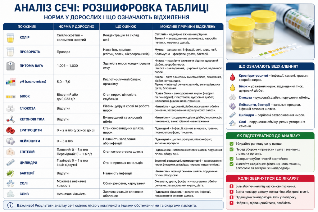 Інфографіка з розшифровкою основних показників загального аналізу сечі, нормами та можливими відхиленнями