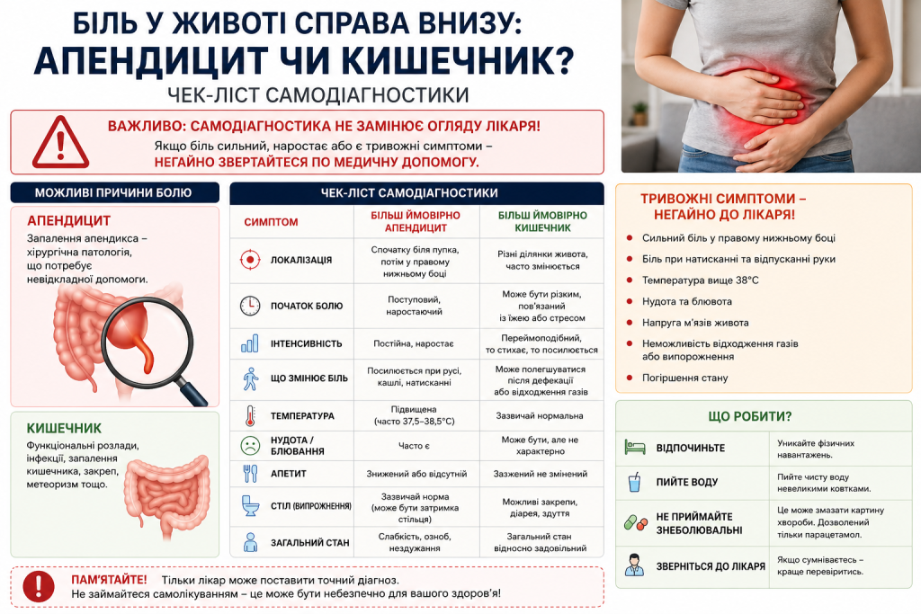 Інфографіка з порівнянням симптомів апендициту та кишкових розладів, чек-листом самодіагностики, ознаками небезпечного стану та рекомендаціями щодо звернення по медичну допомогу.