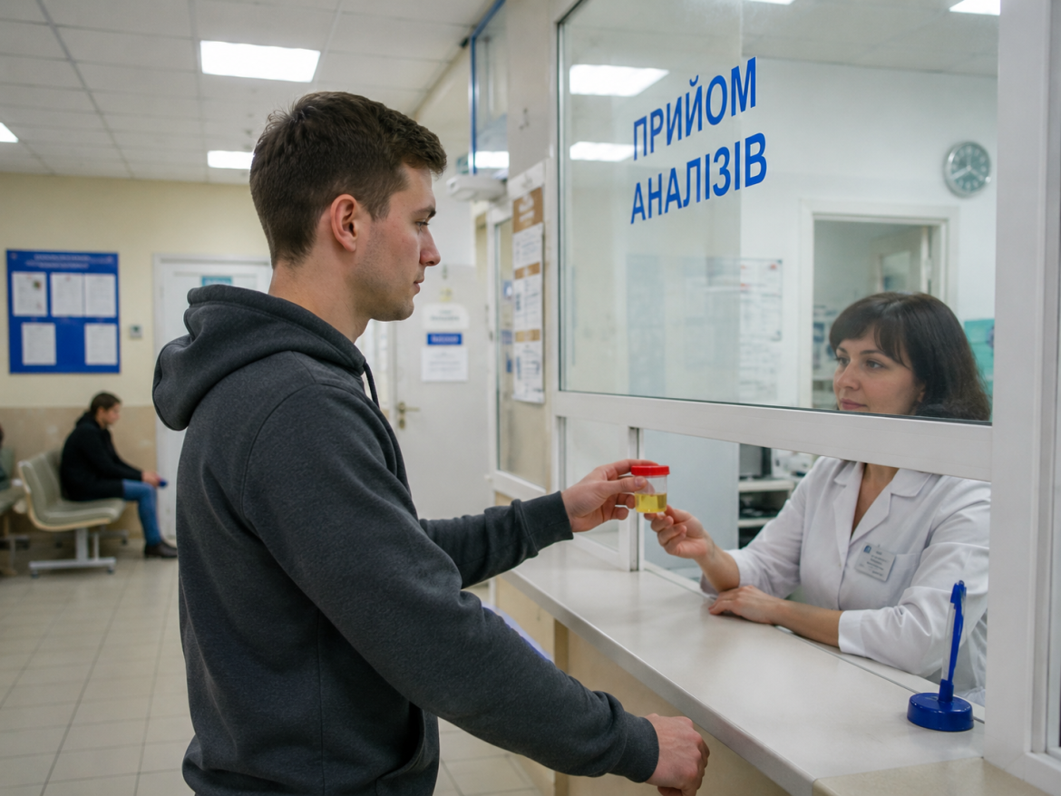 Молодий чоловік передає контейнер із зразком сечі медичному працівнику у лабораторному вікні