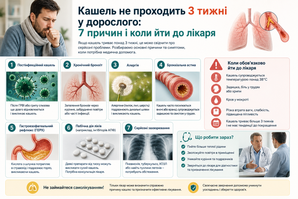 Інфографіка про причини тривалого кашлю у дорослого понад 3 тижні — постінфекційний кашель, бронхіт, алергія, астма, ГЕРХ та тривожні симптоми для звернення до лікаря