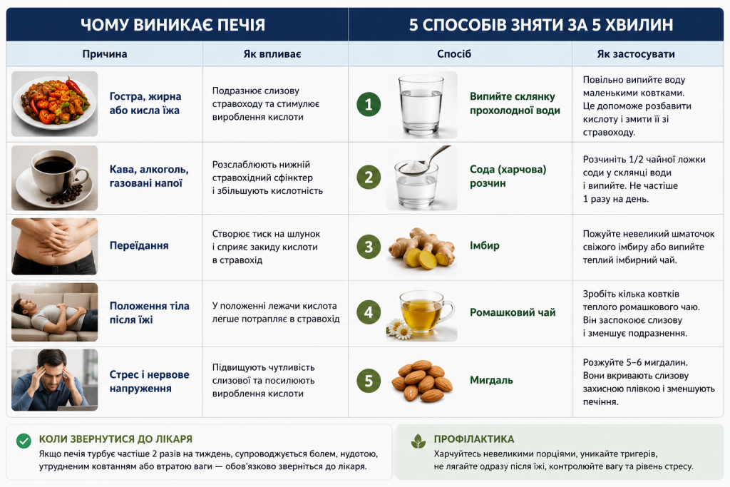 Таблиця причин печії та 5 швидких способів її усунення — вода, сода, імбир, ромашковий чай, мигдаль