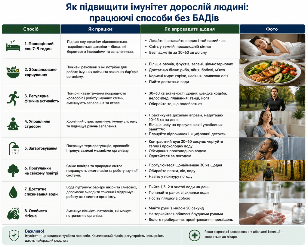 Інфографіка про природні способи зміцнення імунітету дорослої людини без використання БАДів