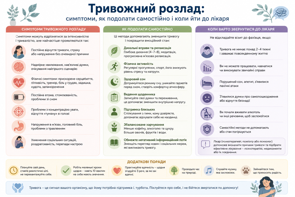 Інфографіка про симптоми тривожного розладу, способи самодопомоги та коли звертатись до лікаря
