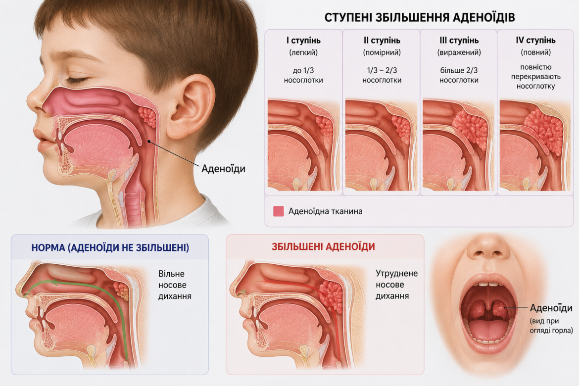 Схематичне зображення аденоїдів у дітей із порівнянням нормального стану та різних ступенів збільшення аденоїдної тканини.