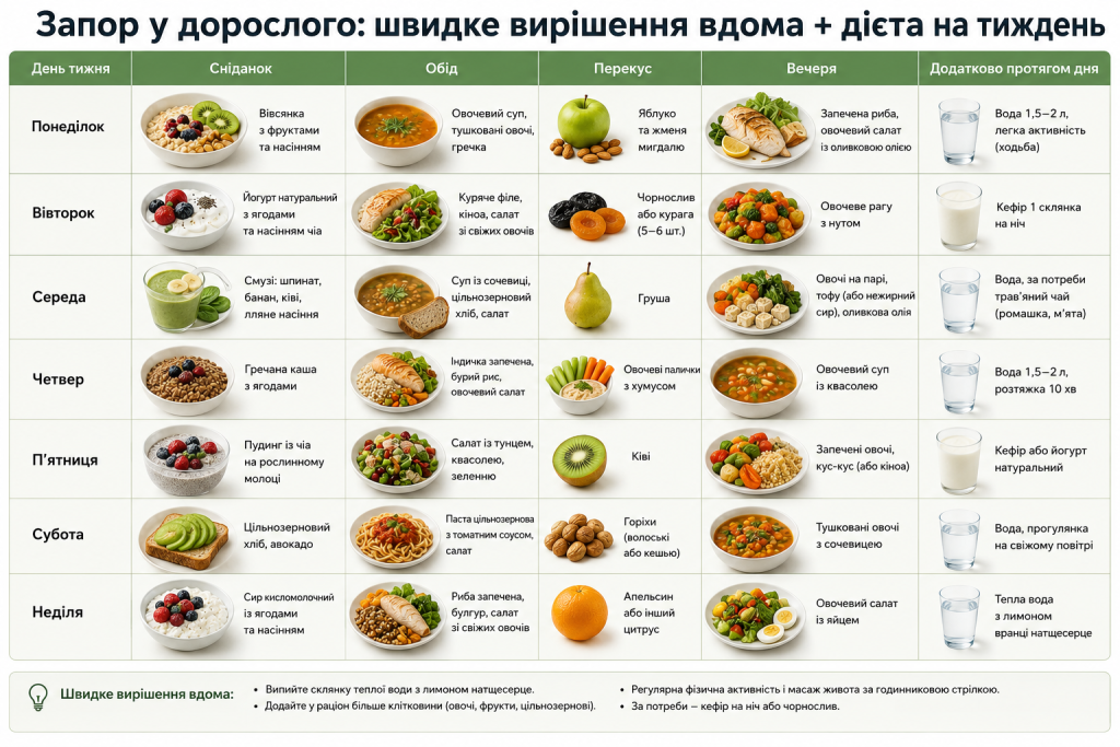 Інфографіка з тижневим меню дієти при запорі у дорослого — сніданок, обід, перекус і вечеря на кожен день з порадами щодо вирішення проблеми вдома