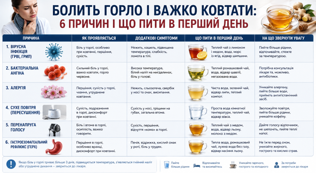 Інфографіка про причини болю в горлі та утрудненого ковтання, супутні симптоми й рекомендації