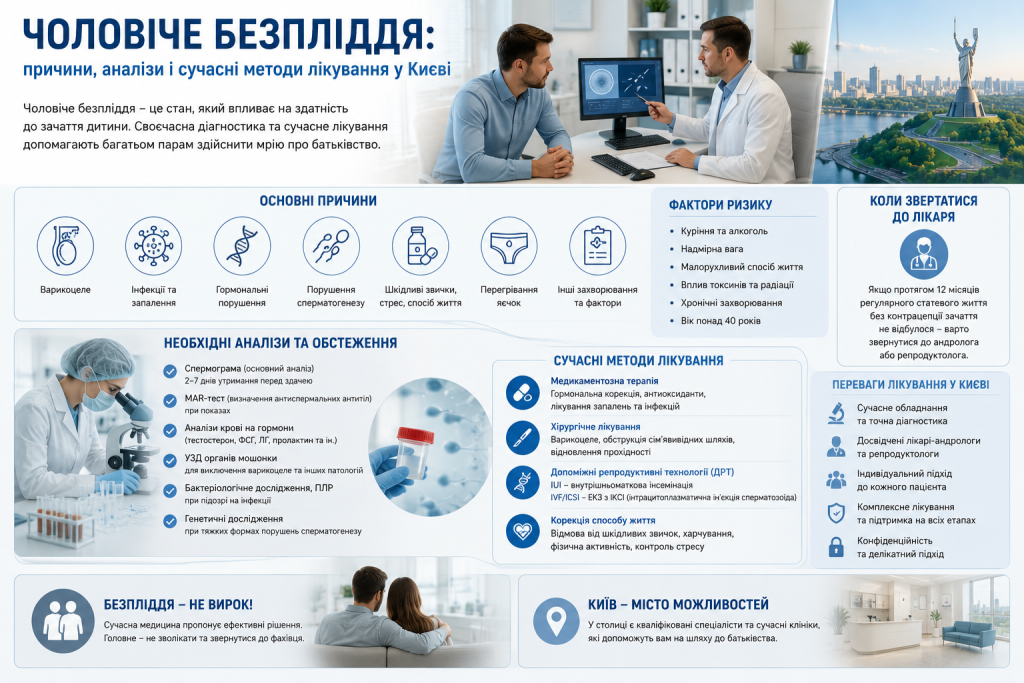 Інфографіка про чоловіче безпліддя: основні причини, аналізи, фактори ризику та сучасні методи лікування