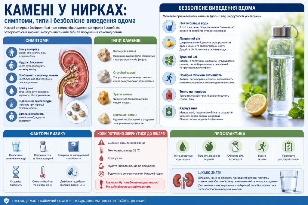 Інфографіка про камені в нирках, основні симптоми, типи каменів, фактори ризику та профілактику