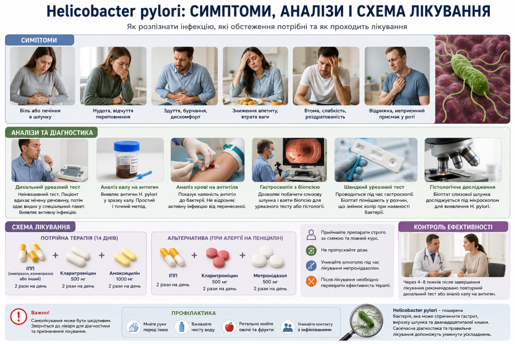 Інфографіка про симптоми Helicobacter pylori, методи діагностики, лікування та профілактику інфекції