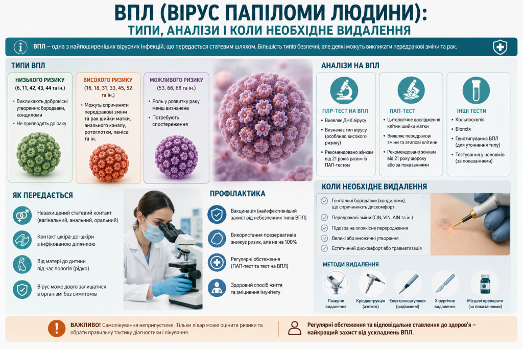 Інфографіка про типи вірусу папіломи людини, шляхи передавання, аналізи, профілактику та методи видалення