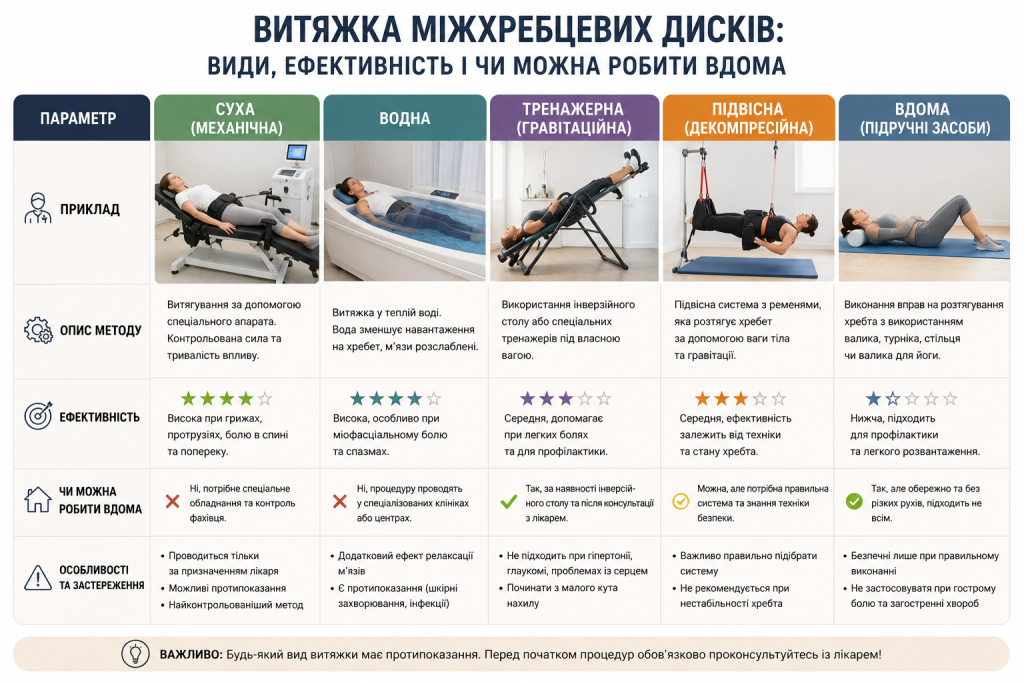 Порівняльна таблиця сухої, водної, гравітаційної, підвісної та домашньої витяжки хребта