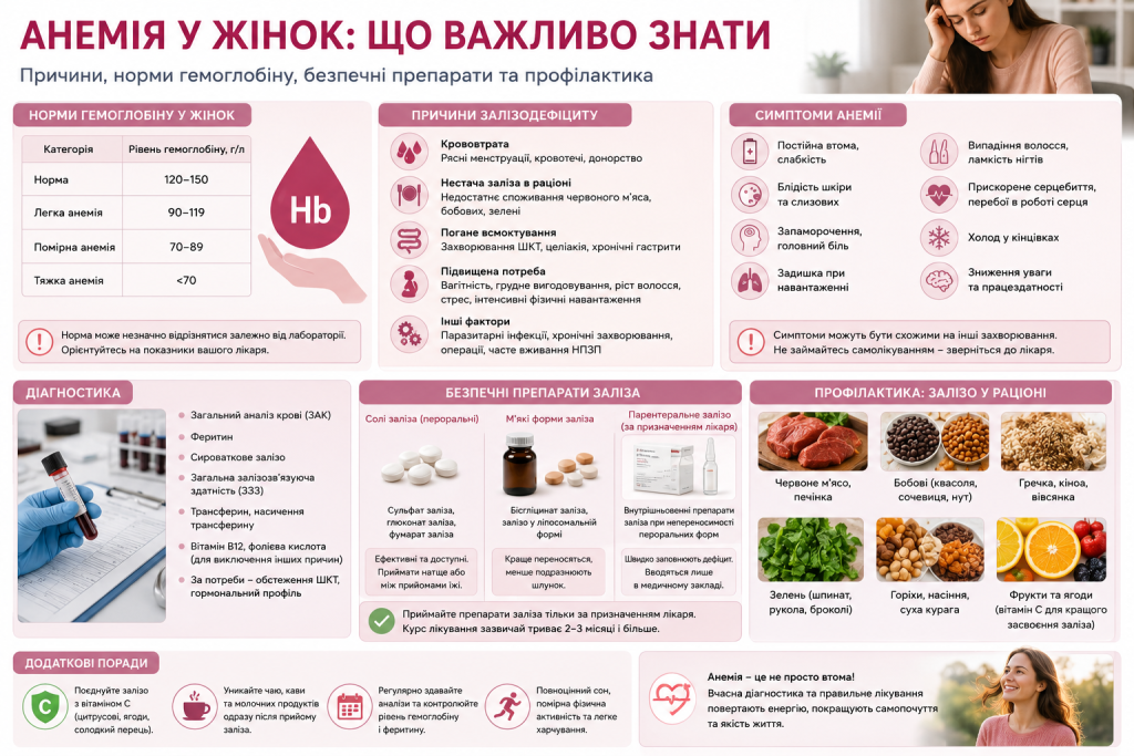 Інфографіка про норми гемоглобіну, причини, симптоми, діагностику та профілактику анемії у жінок